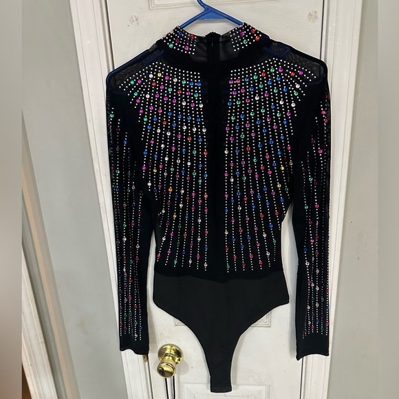Colorful rhinestone mesh mockneck bodysuit - Picture 2 of 5
